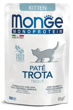 Купить monge cat monoprotein влажный корм для котят с форелью (пауч)