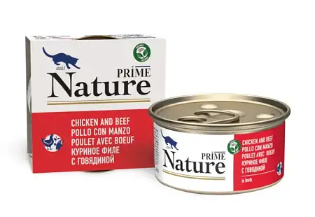 Купить prime nature консервы для взрослых кошек с куриным филе и говядиной