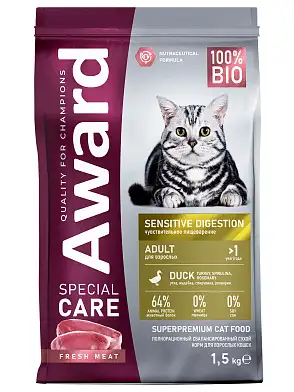 AWARD SPECIAL CARE Sensitive Digestion сухой корм для взрослых кошек с чувствительным пищеварением со свежим мясом утки