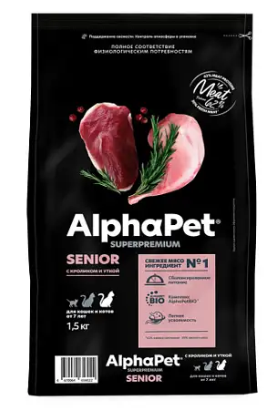 Купить alphapet superpremium Сухой корм для пожилых кошек от 7 лет с кроликом и уткой