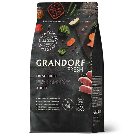 Купить grandorf fresh сухой беззерновой корм взрослых кошек с живыми пробиотиками, утка и батат