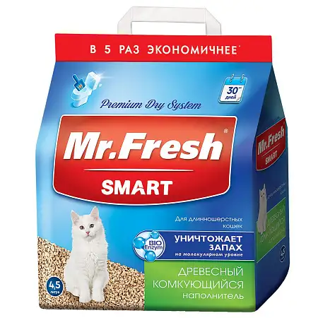 Купить mr.fresh комкующийся древесный наполнитель для длинношерстных кошек