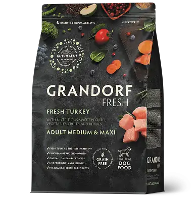 Grandorf FRESH сухой беззерновой корм для взрослых собак средних и крупных пород с живыми пробиотиками, индейка с бататом