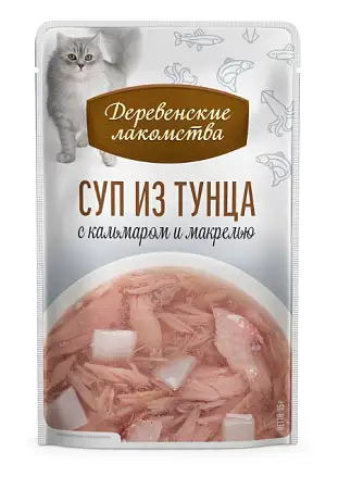 Купить Деревенские лакомства набор паучей для кошек Суп из тунца с кальмаром и макрелью 4х35