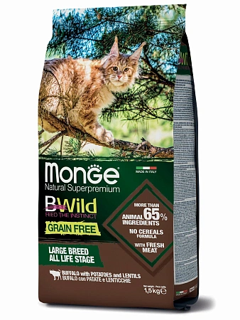 Купить monge cat bwild grain free сухой беззерновой корм для крупных кошек с мясом буйвола