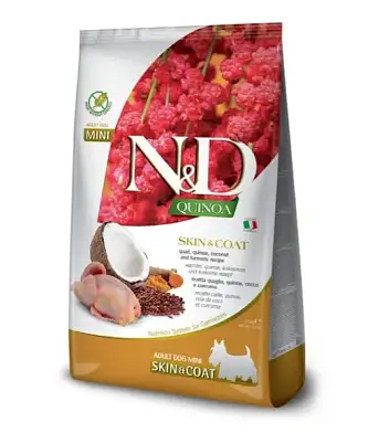 Farmina N&D Quinoa Dog Skin & Coat Mini Quail сухой беззерновой корм для взрослых собак мелких пород для кожи и шерсти с перепелом и киноа