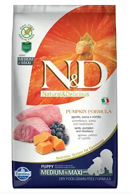 Farmina N&D Pumpkin Dog Grain Free Lamb & Blueberry Puppy Medium & Maxi сухой беззерновой корм для щенков средних и крупных пород с ягненком, черникой и тыквой