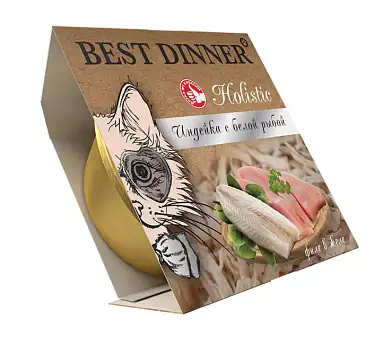 Best Dinner Holistic влажный корм для взрослых и стерилизованных кошек. Мясные волокна в желе "Индейка с белой рыбой" (ламистер)