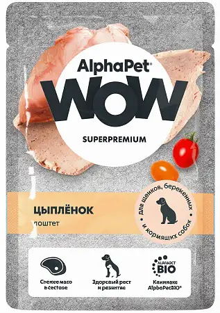 Купить alphapet wow superpremium влажный корм для щенков, беременных и кормящих собак паштет с цыплёнком (пауч)
